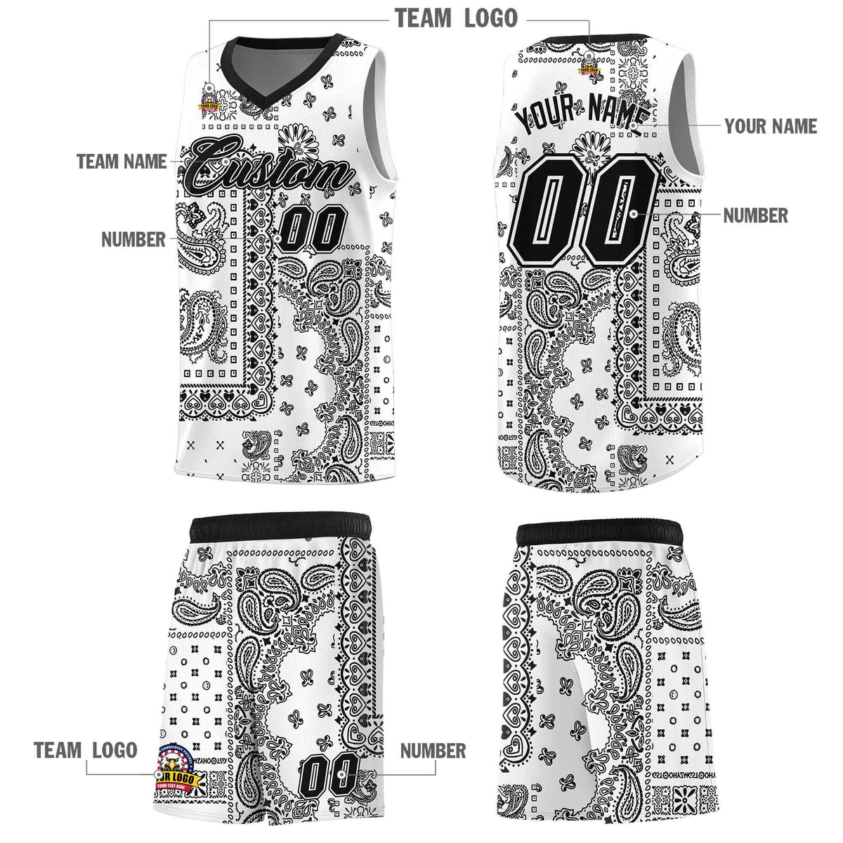 Custom White Basketball Kits With Black Cashew Flower Print Pattern