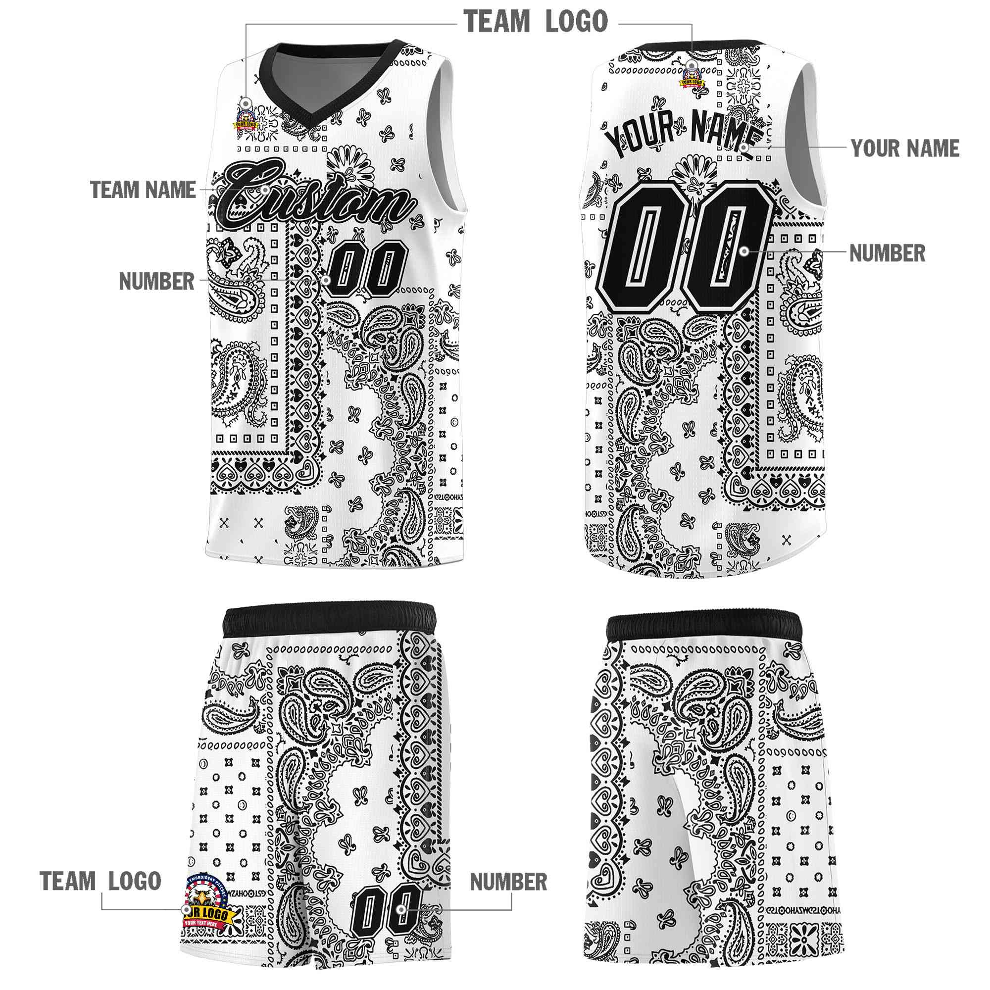 Custom White Basketball Kits With Black Cashew Flower Print Pattern