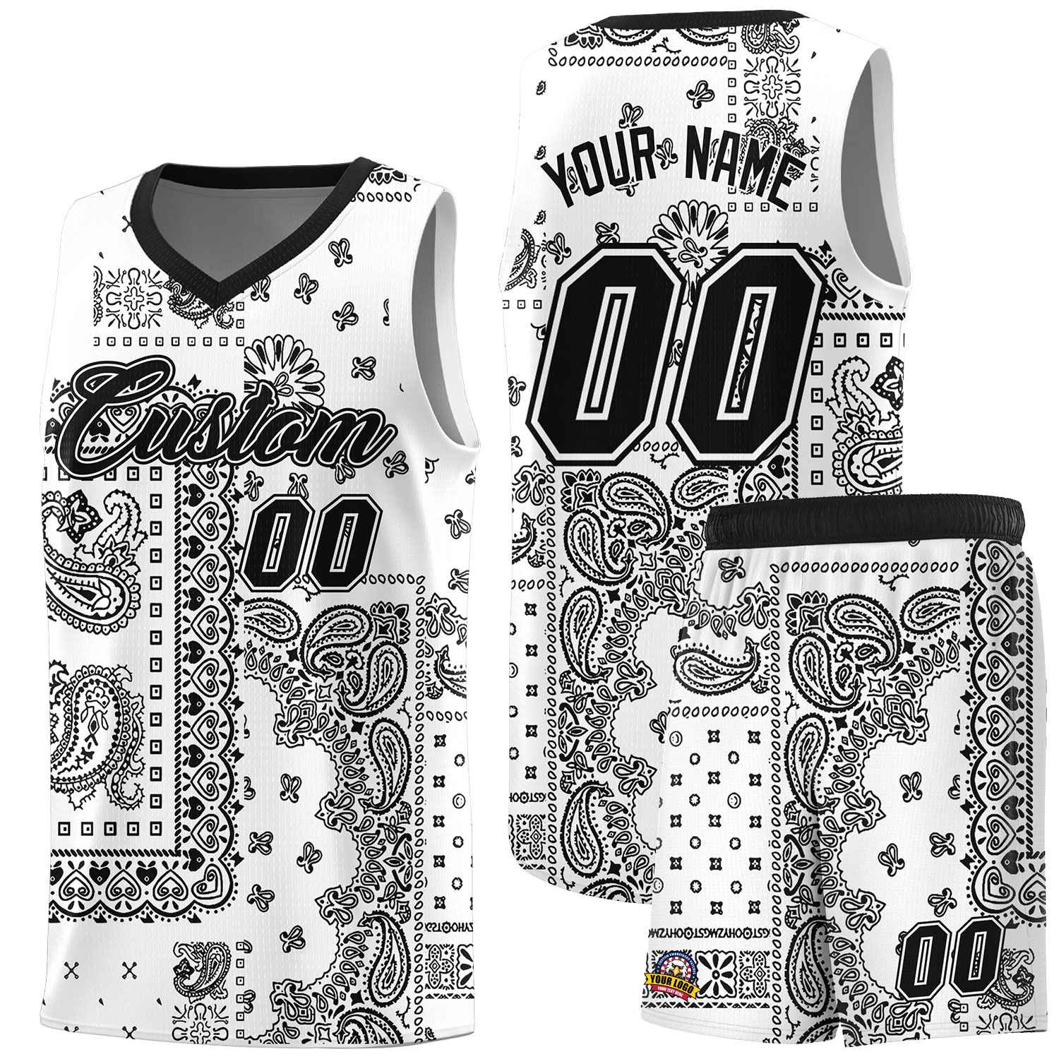 Custom White Basketball Kits With Black Cashew Flower Print Pattern
