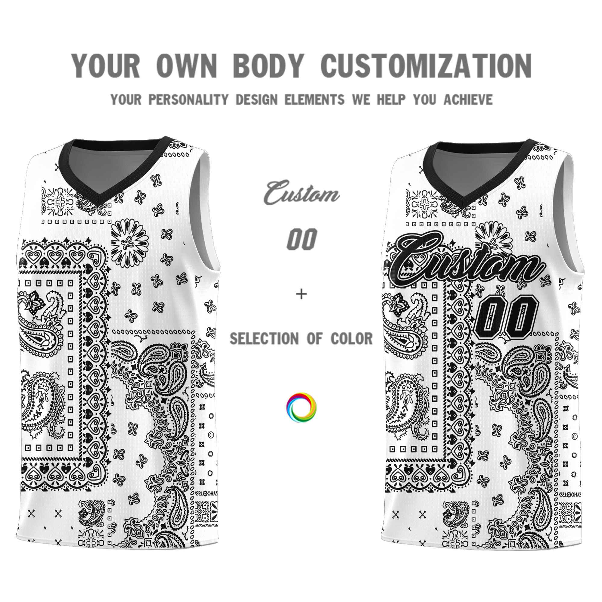Custom White Basketball Kits With Black Cashew Flower Print Pattern