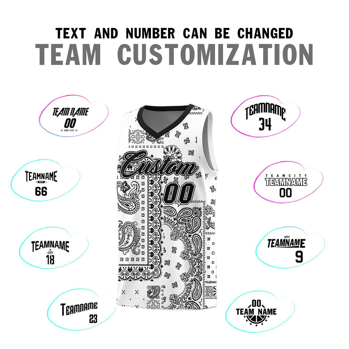 Custom White Basketball Kits With Black Cashew Flower Print Pattern