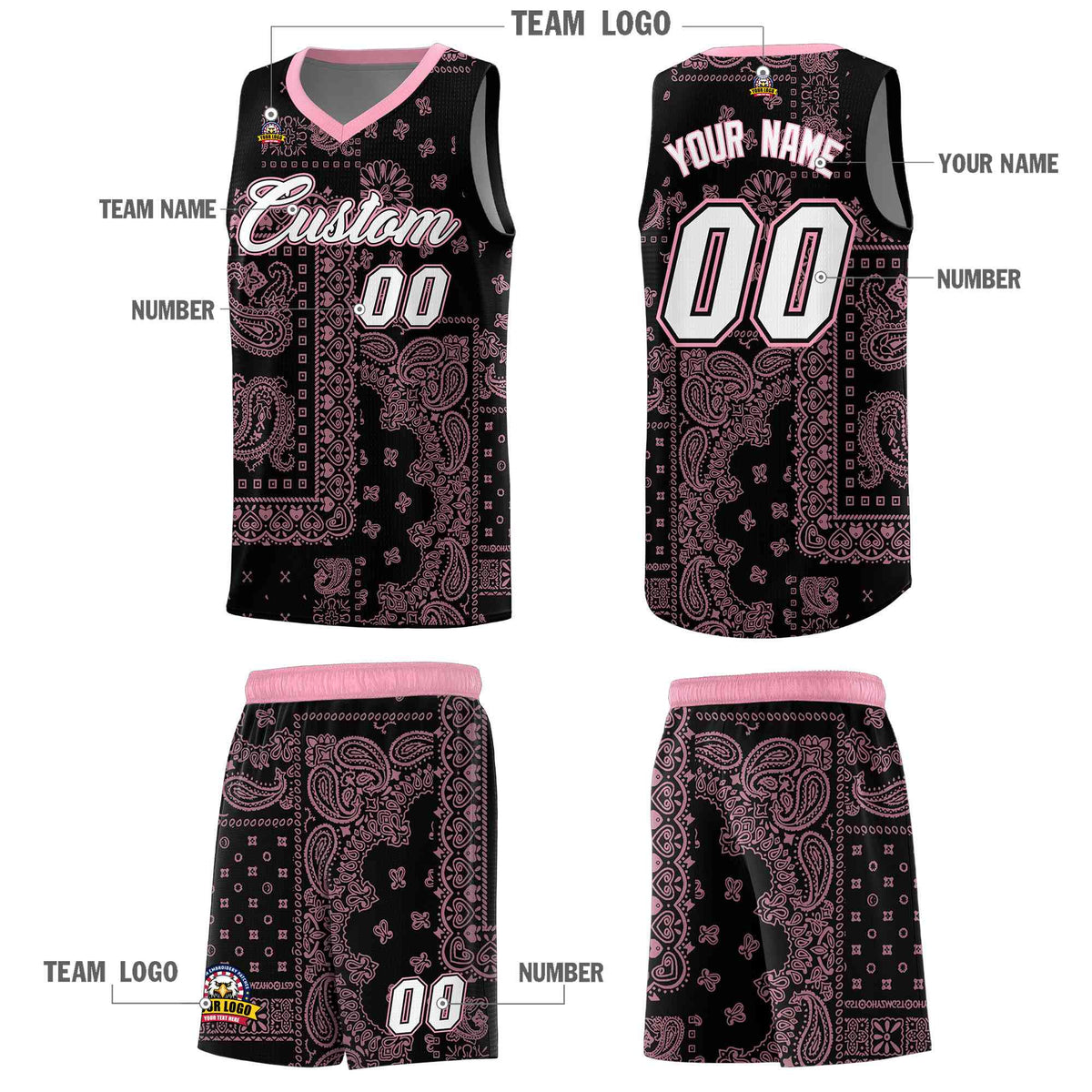 Custom Black Basketball Kits With Light Pink Cashew Flower Print Pattern