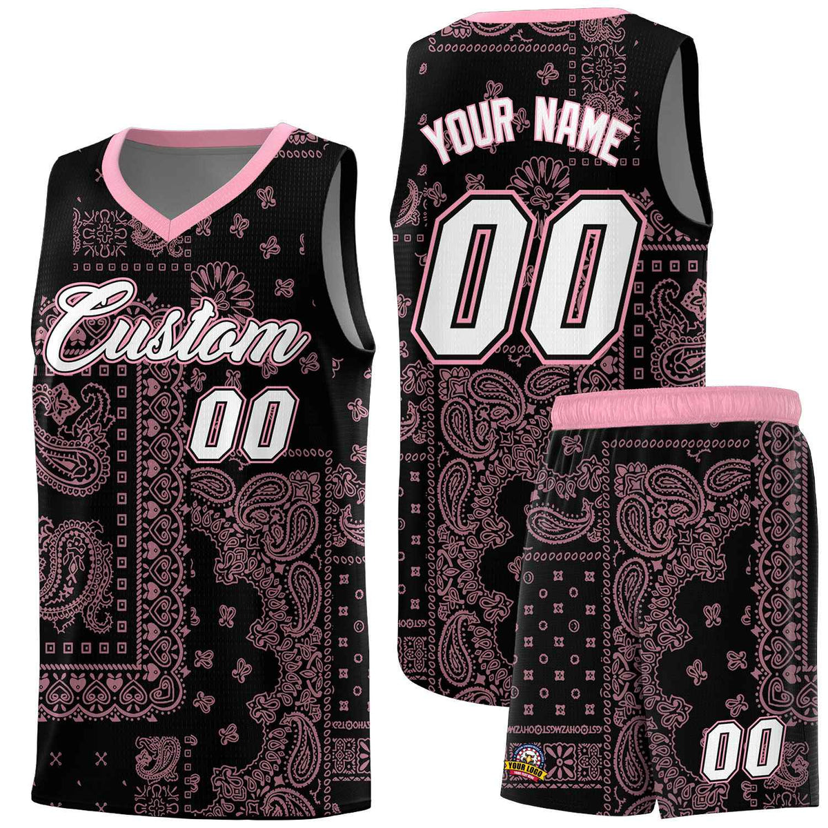 Custom Black Basketball Kits With Light Pink Cashew Flower Print Pattern