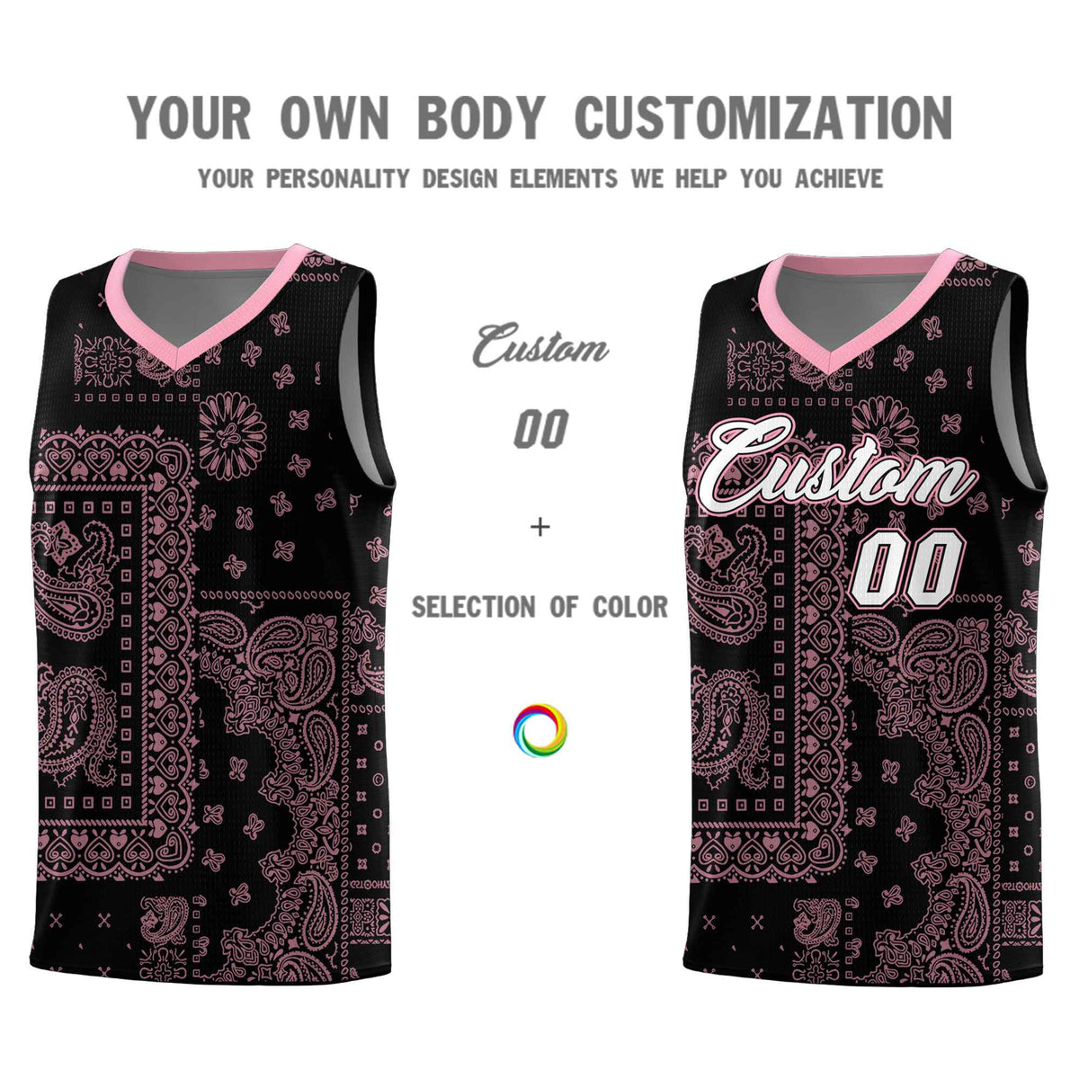 Custom Black Basketball Kits With Light Pink Cashew Flower Print Pattern