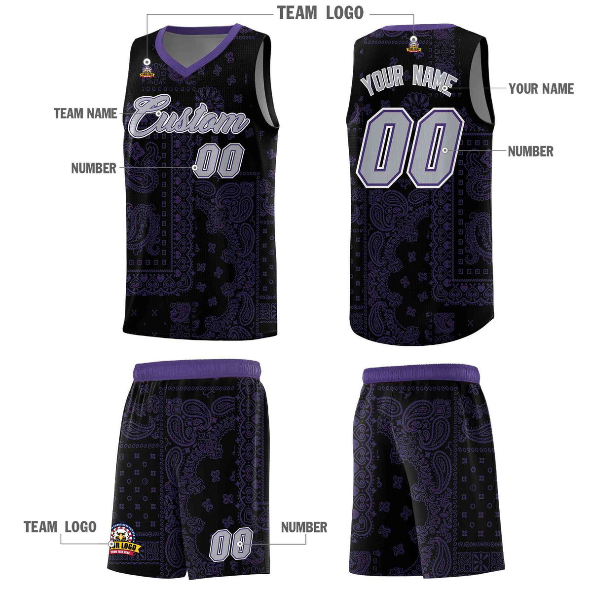 Custom Black Basketball Kits With Purple Cashew Flower Print Pattern