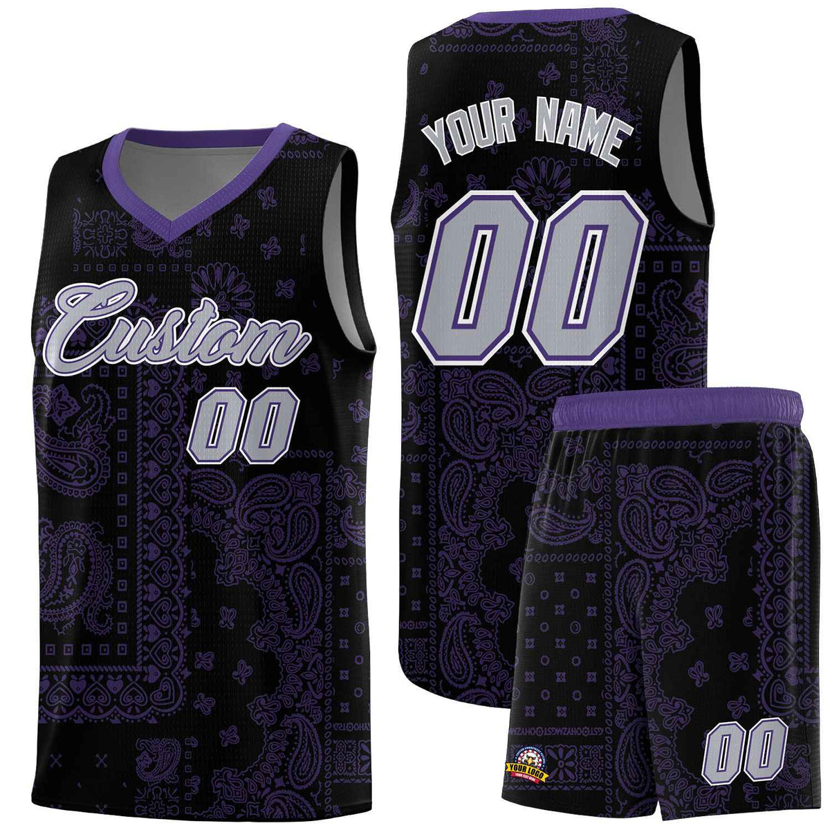 Custom Black Basketball Kits With Purple Cashew Flower Print Pattern