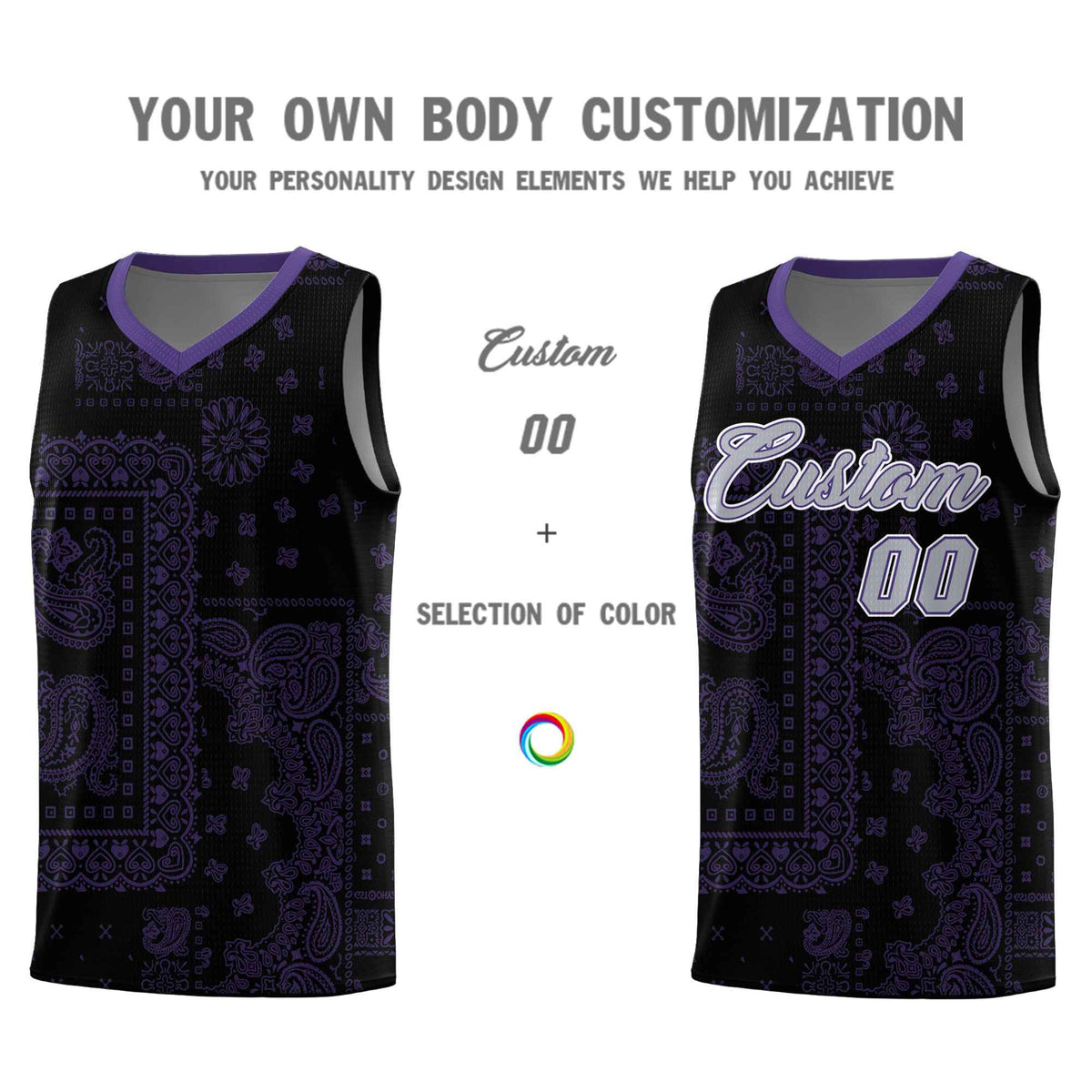Custom Black Basketball Kits With Purple Cashew Flower Print Pattern
