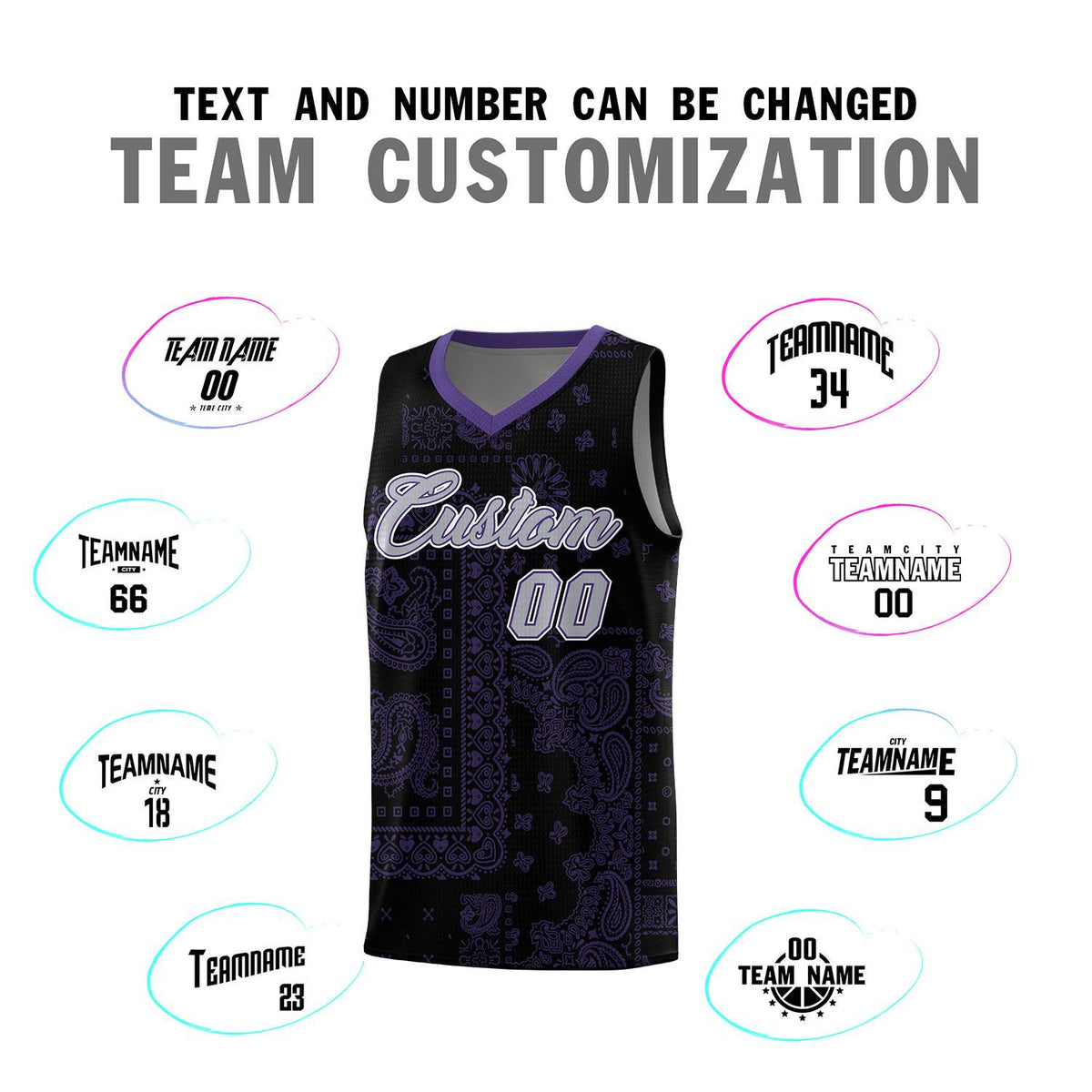 Custom Black Basketball Kits With Purple Cashew Flower Print Pattern