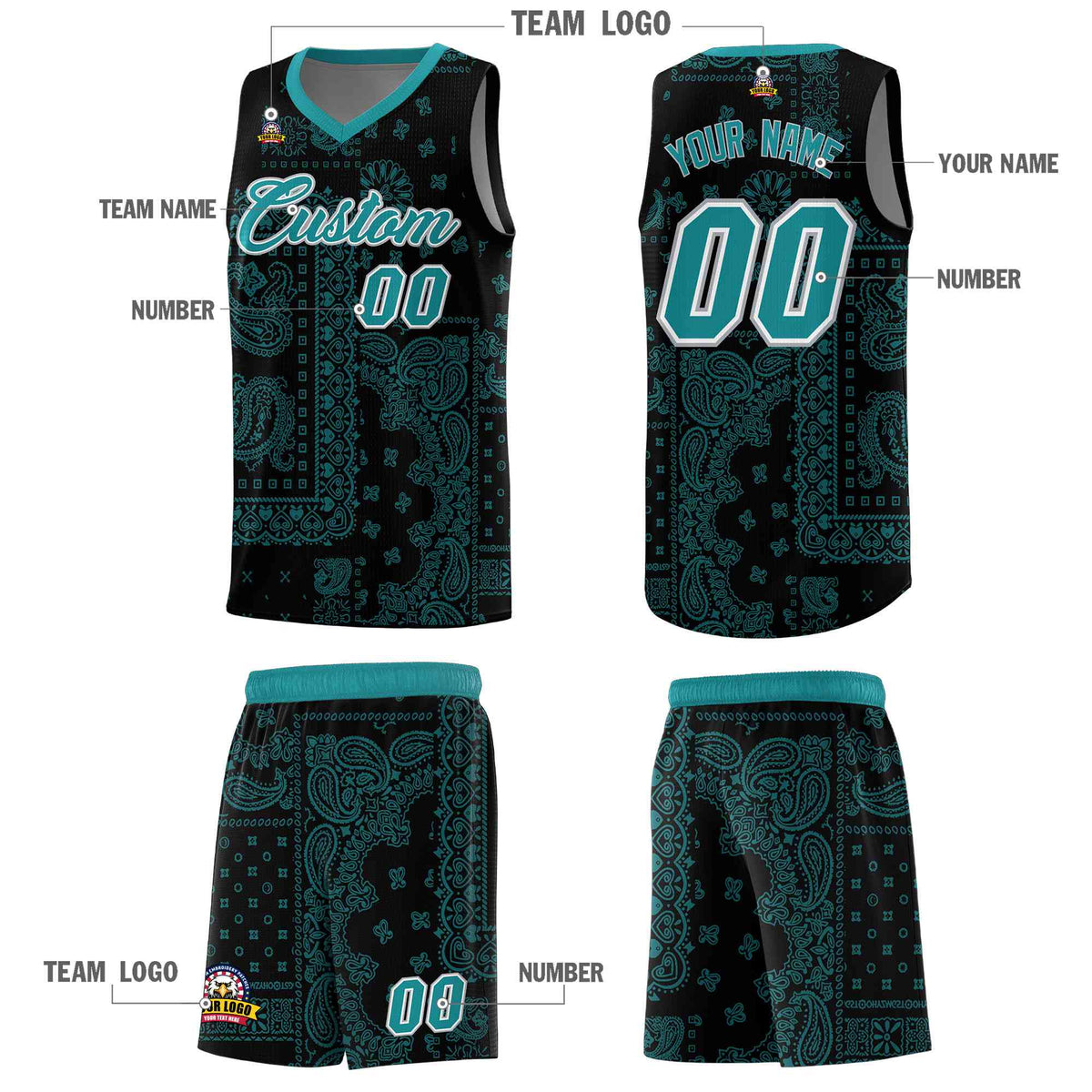 Custom Black Basketball Kits With Aqua Cashew Flower Print Pattern