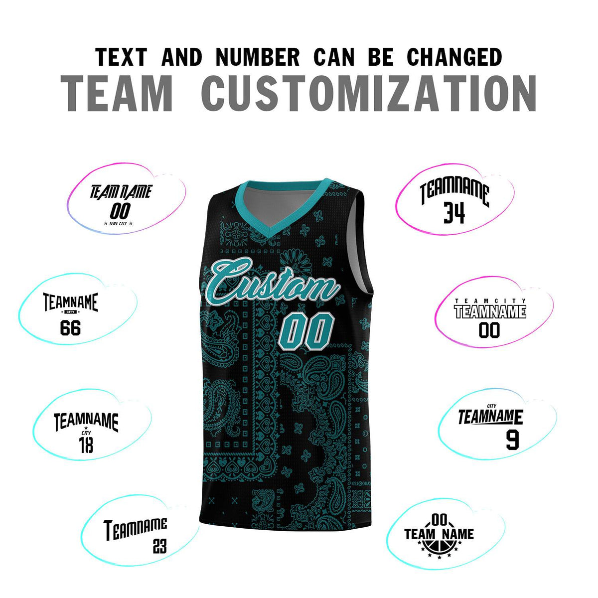 Custom Black Basketball Kits With Aqua Cashew Flower Print Pattern