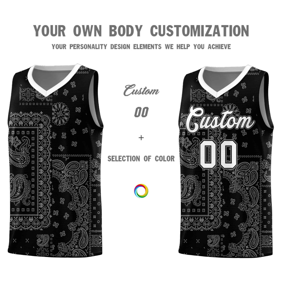 Custom Black Basketball Kits With White Cashew Flower Print Pattern