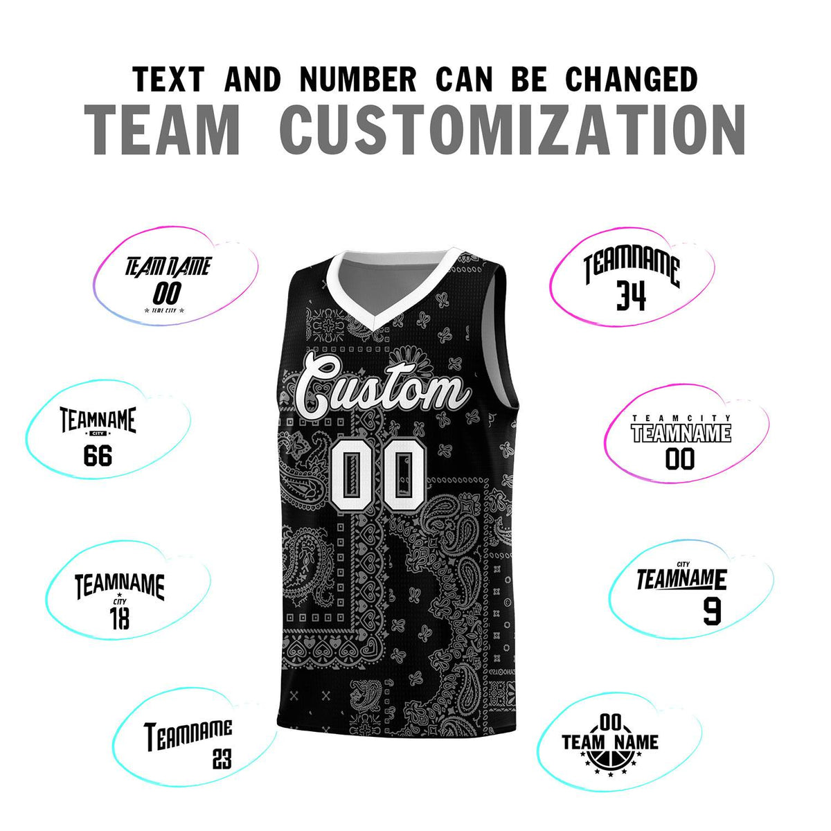 Custom Black Basketball Kits With White Cashew Flower Print Pattern