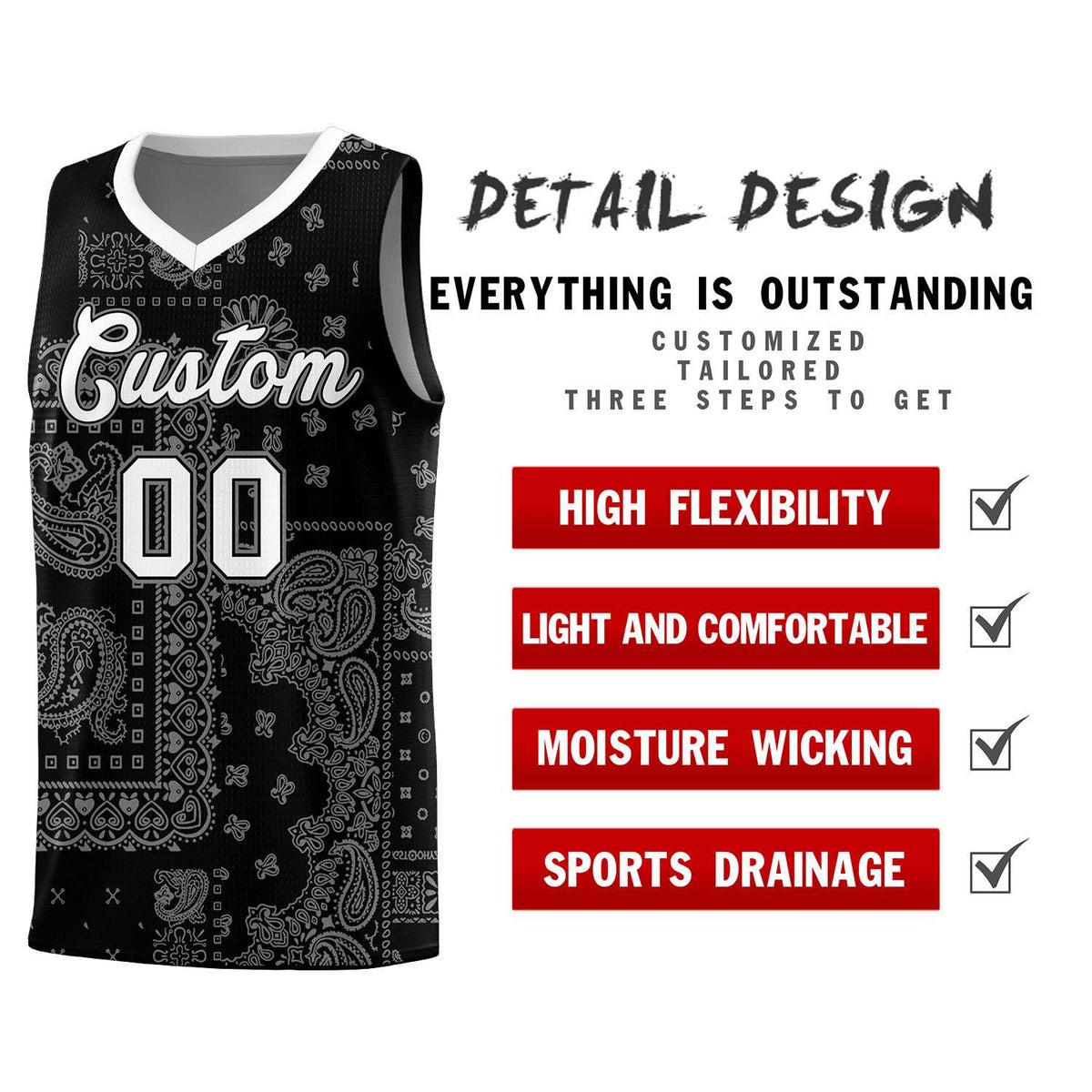 Custom Black Basketball Kits With White Cashew Flower Print Pattern
