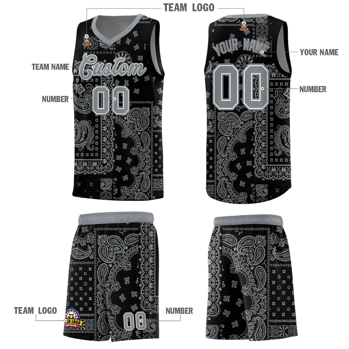 Custom Black Basketball Kits With Silver Cashew Flower Print Pattern
