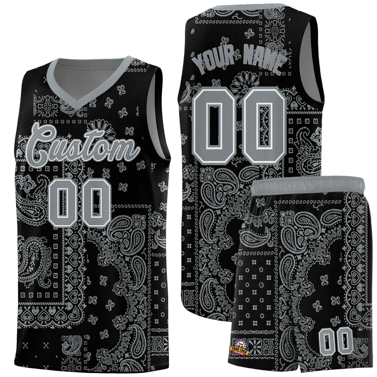 Custom Black Basketball Kits With Silver Cashew Flower Print Pattern