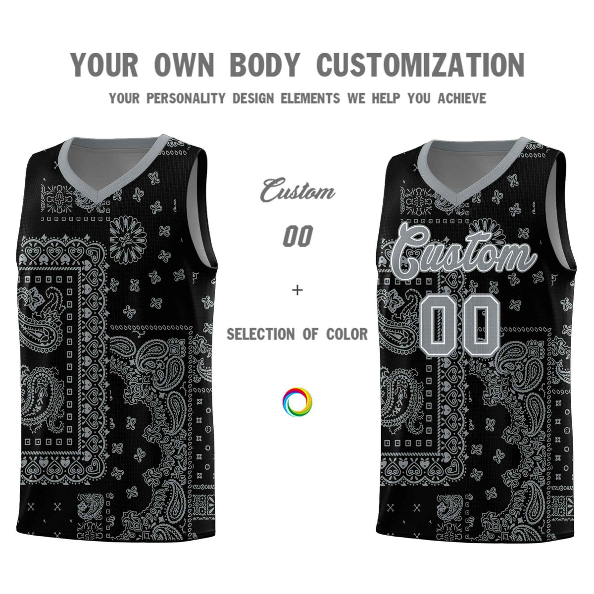 Custom Black Basketball Kits With Silver Cashew Flower Print Pattern