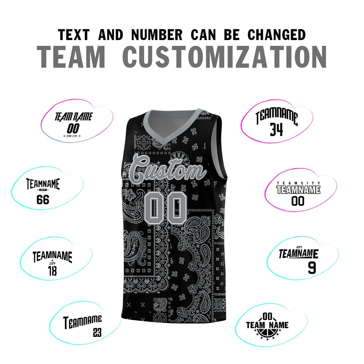 Custom Black Basketball Kits With Silver Cashew Flower Print Pattern