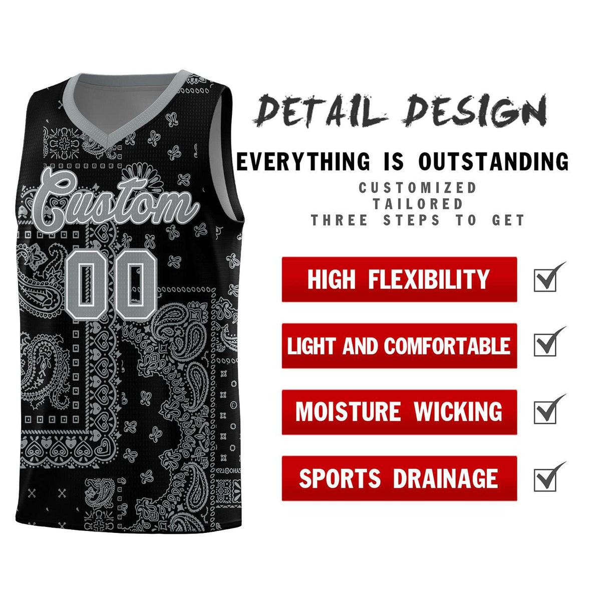 Custom Black Basketball Kits With Silver Cashew Flower Print Pattern
