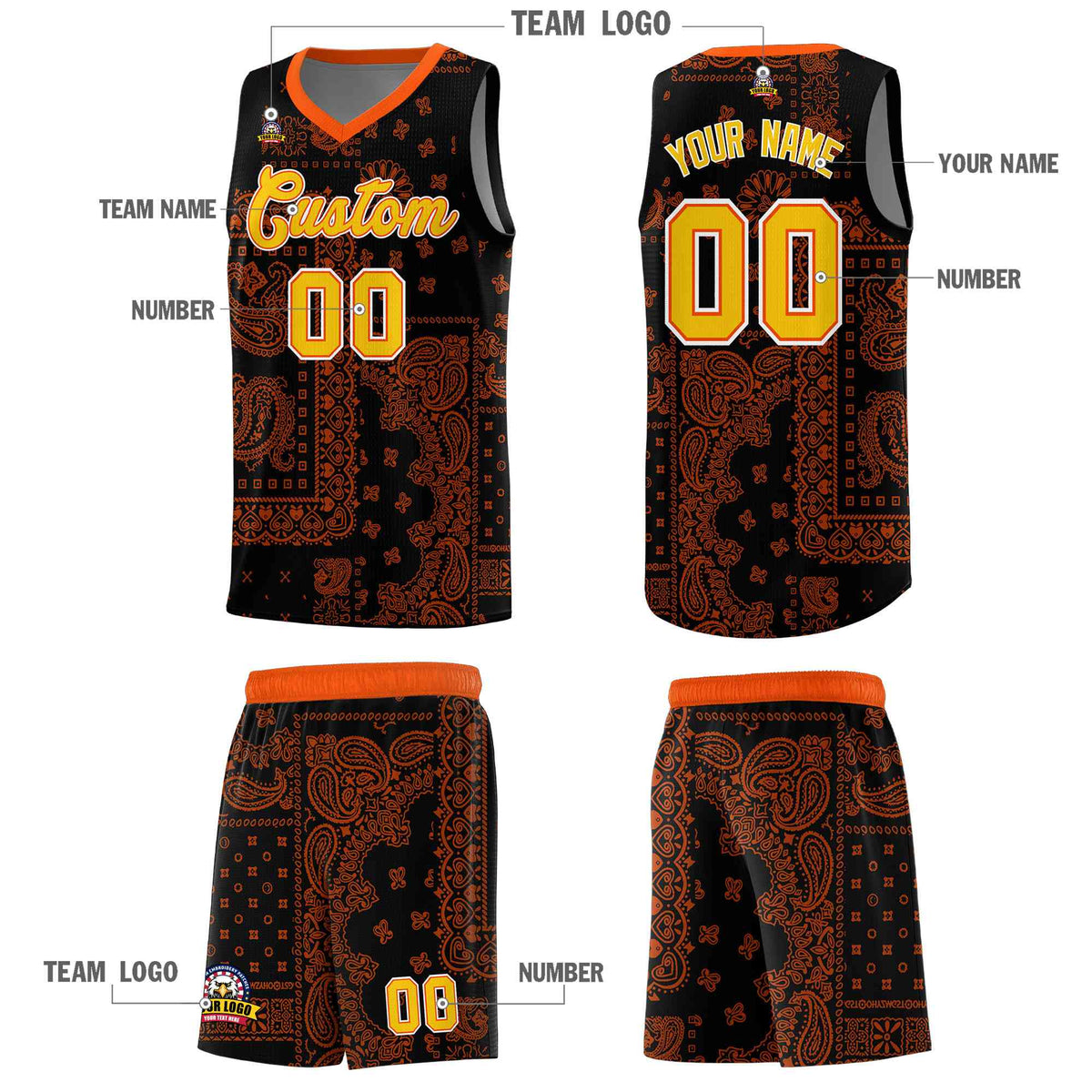 Custom Black Basketball Kits With Orange Cashew Flower Print Pattern