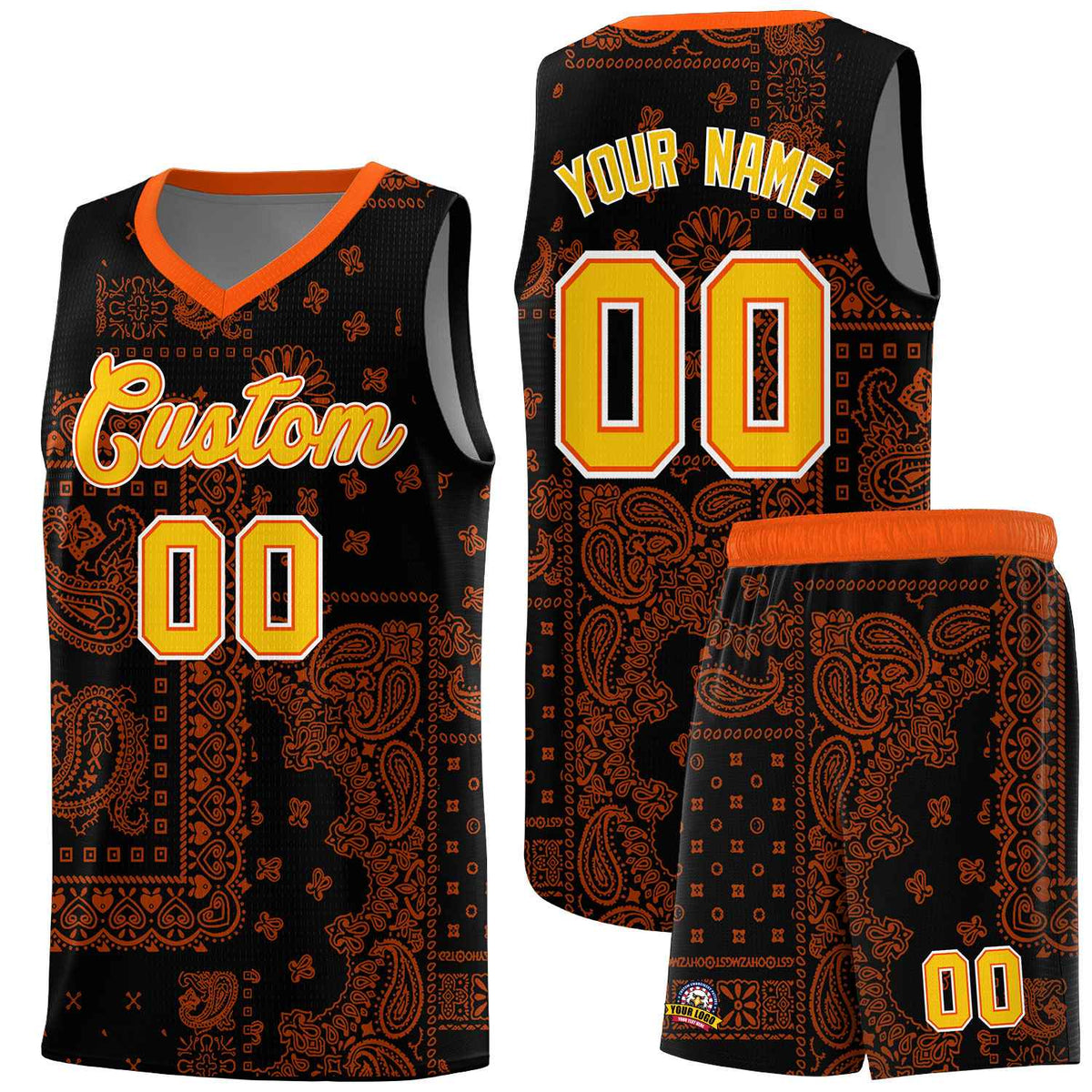 Custom Black Basketball Kits With Orange Cashew Flower Print Pattern