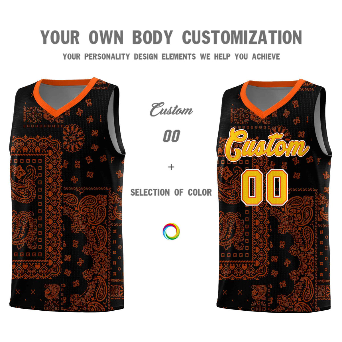 Custom Black Basketball Kits With Orange Cashew Flower Print Pattern