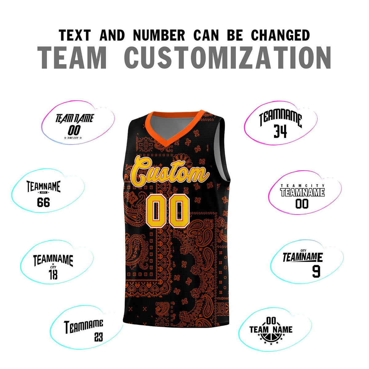 Custom Black Basketball Kits With Orange Cashew Flower Print Pattern