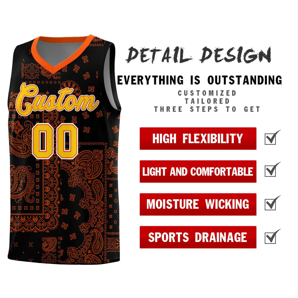 Custom Black Basketball Kits With Orange Cashew Flower Print Pattern