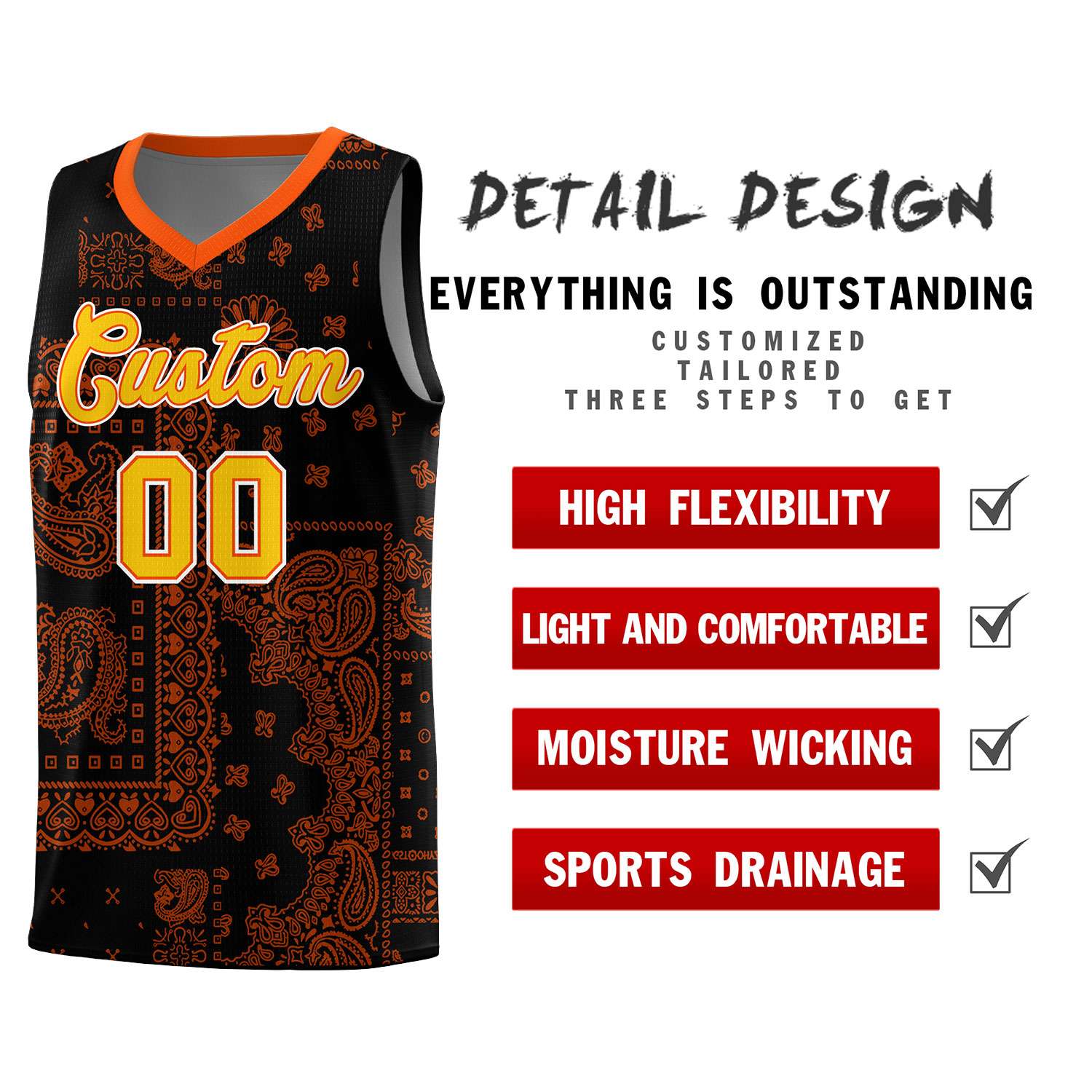 Custom Black Basketball Kits With Orange Cashew Flower Print Pattern