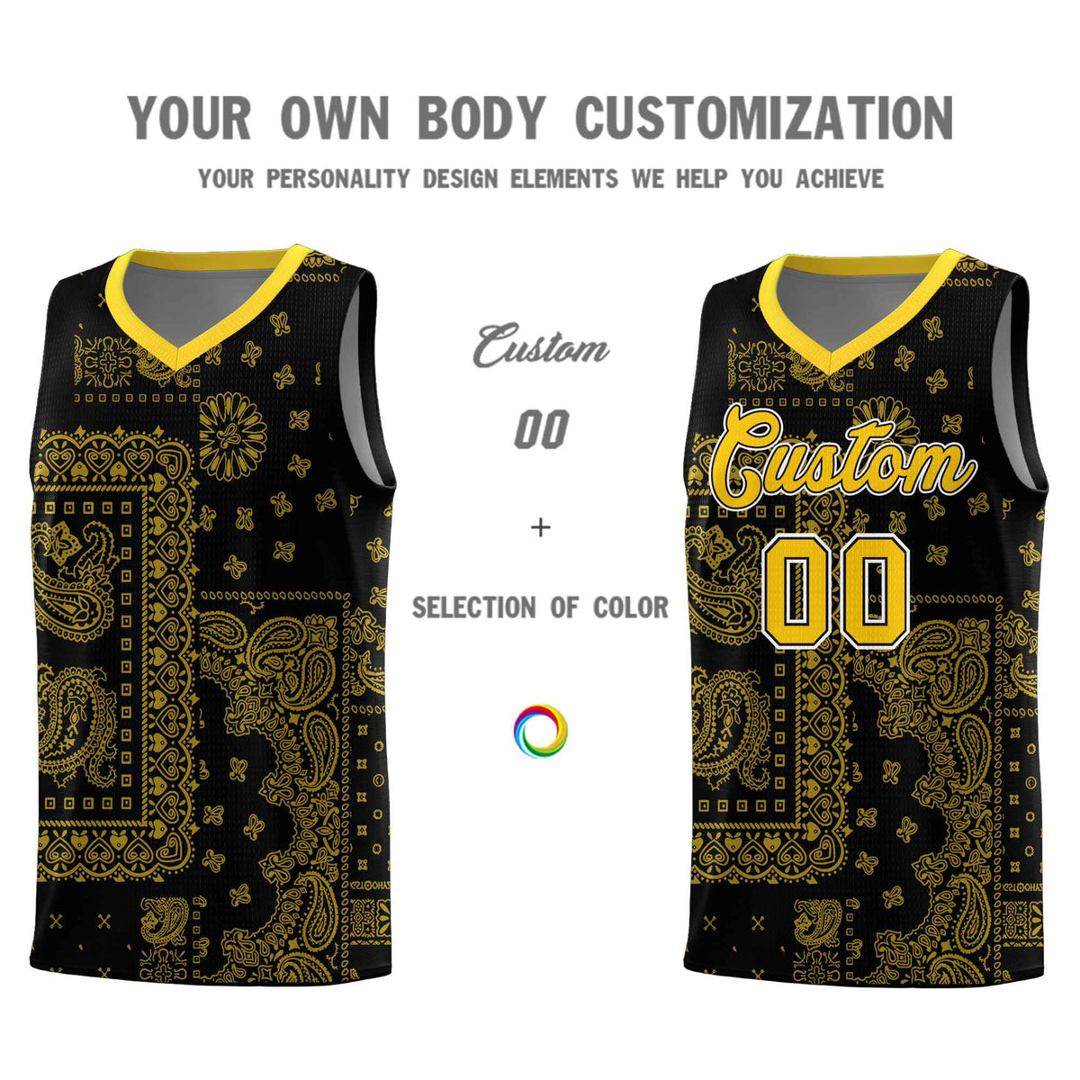 Custom Black Basketball Kits With Gold Cashew Flower Print Pattern