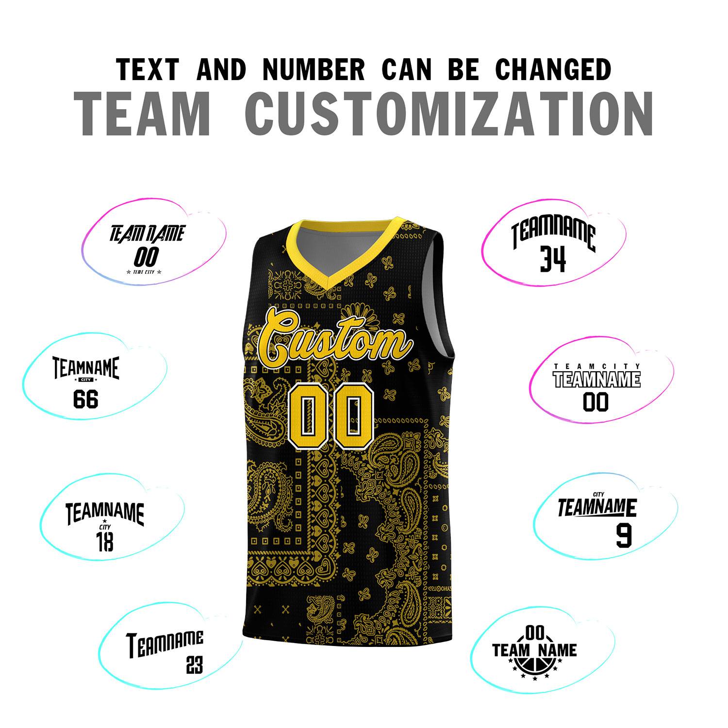 Custom Black Basketball Kits With Gold Cashew Flower Print Pattern