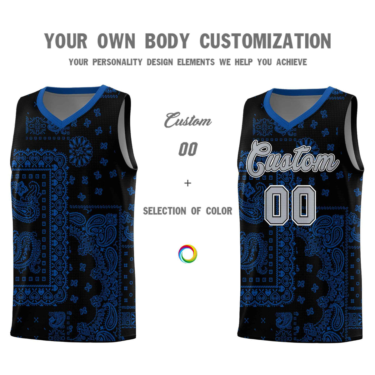 Custom Black Basketball Kits With Royal Cashew Flower Print Pattern