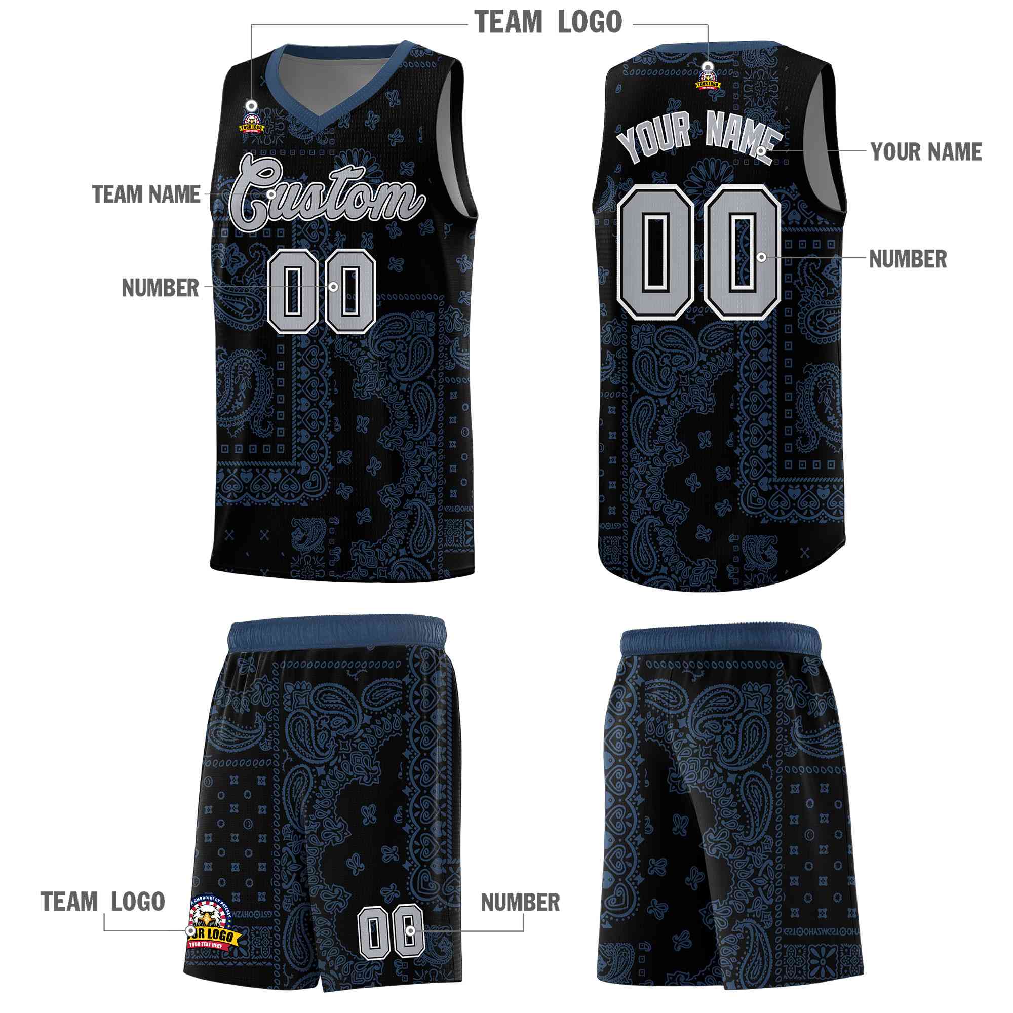 Custom Black Basketball Kits With Midnight Blue Cashew Flower Print Pattern