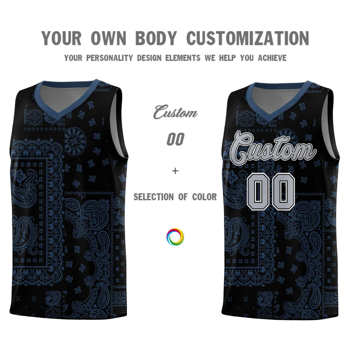 Custom Black Basketball Kits With Midnight Blue Cashew Flower Print Pattern