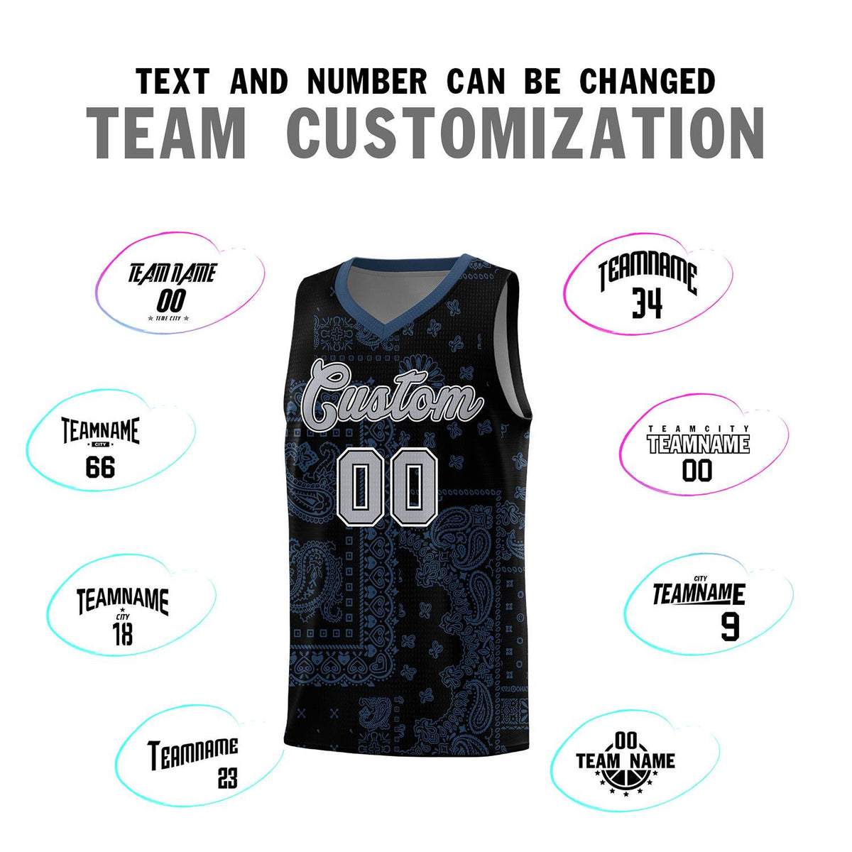 Custom Black Basketball Kits With Midnight Blue Cashew Flower Print Pattern