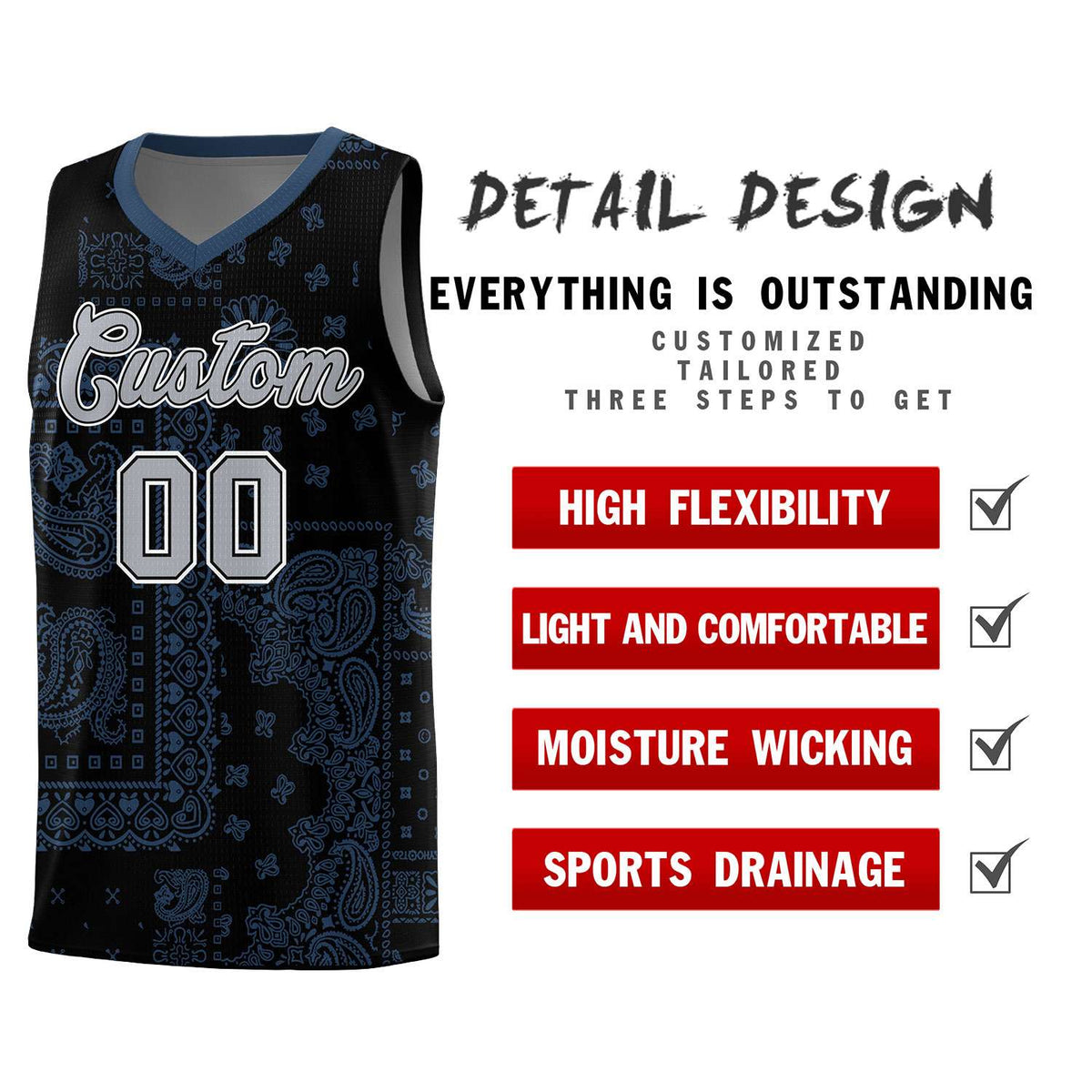 Custom Black Basketball Kits With Midnight Blue Cashew Flower Print Pattern