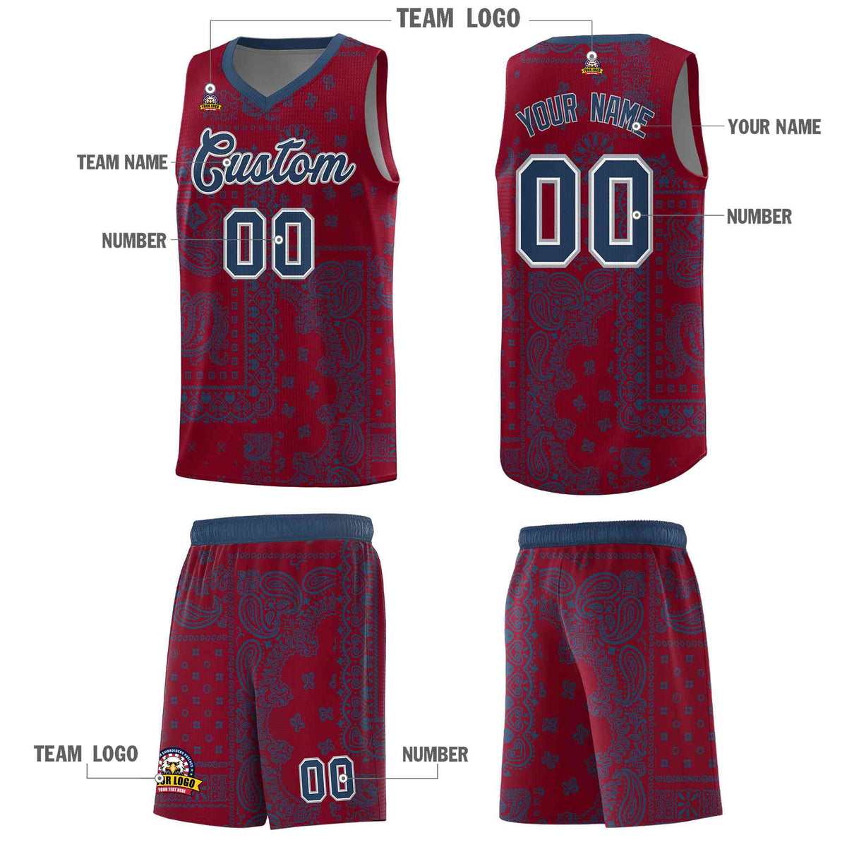 Custom Crimson Basketball Kits With Midnight Blue Cashew Flower Print Pattern