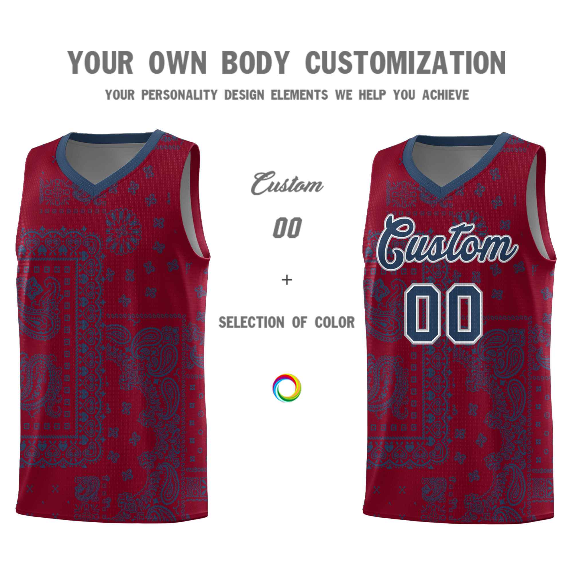 Custom Crimson Basketball Kits With Midnight Blue Cashew Flower Print Pattern