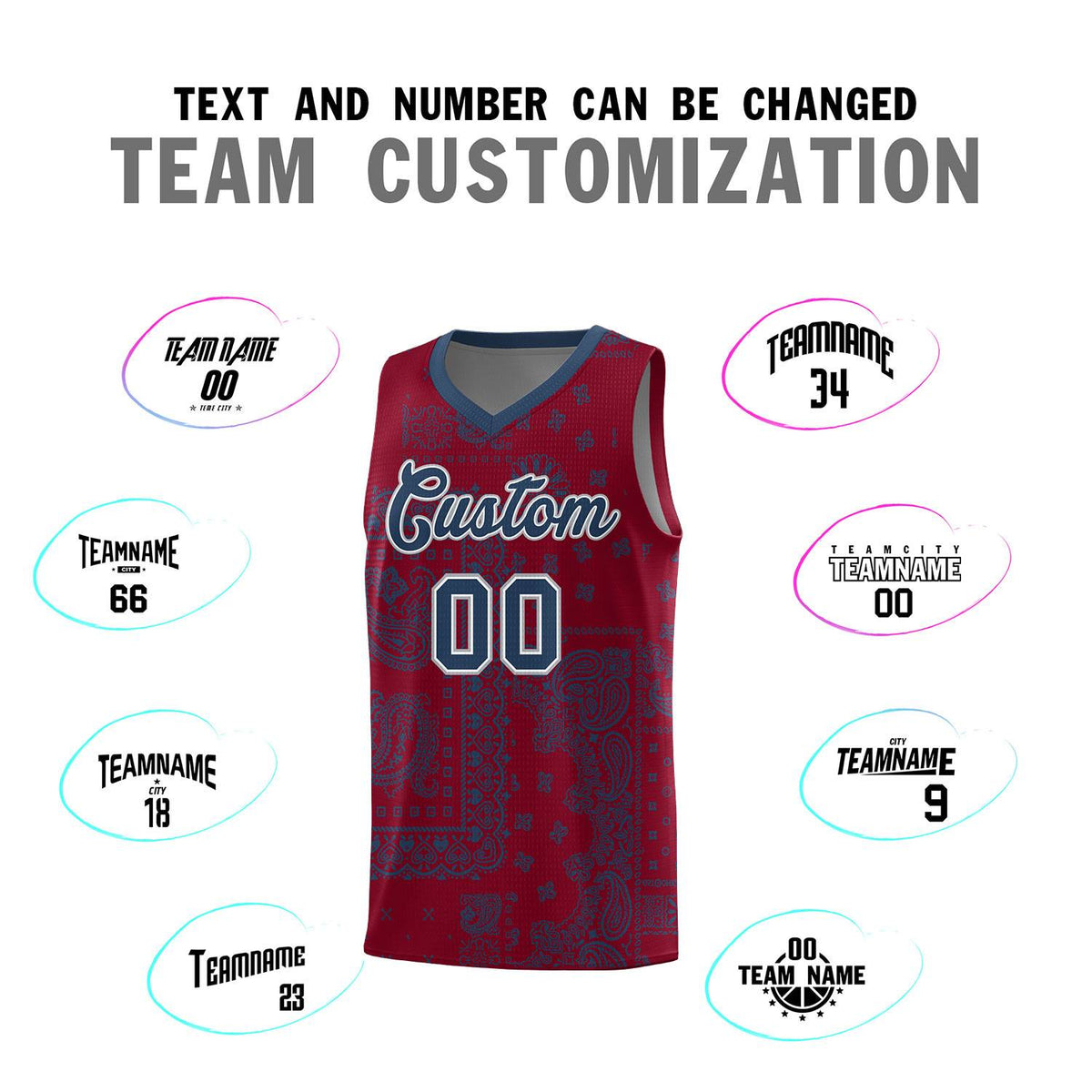 Custom Crimson Basketball Kits With Midnight Blue Cashew Flower Print Pattern