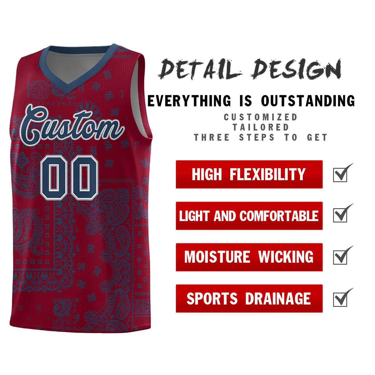 Custom Crimson Basketball Kits With Midnight Blue Cashew Flower Print Pattern