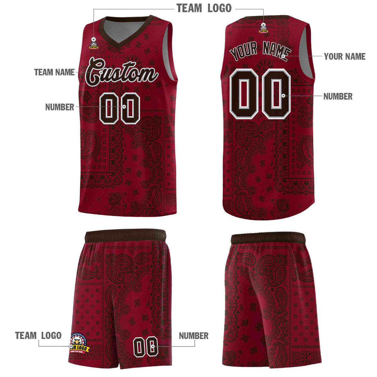 Custom Crimson Basketball Kits With Brown Cashew Flower Print Pattern