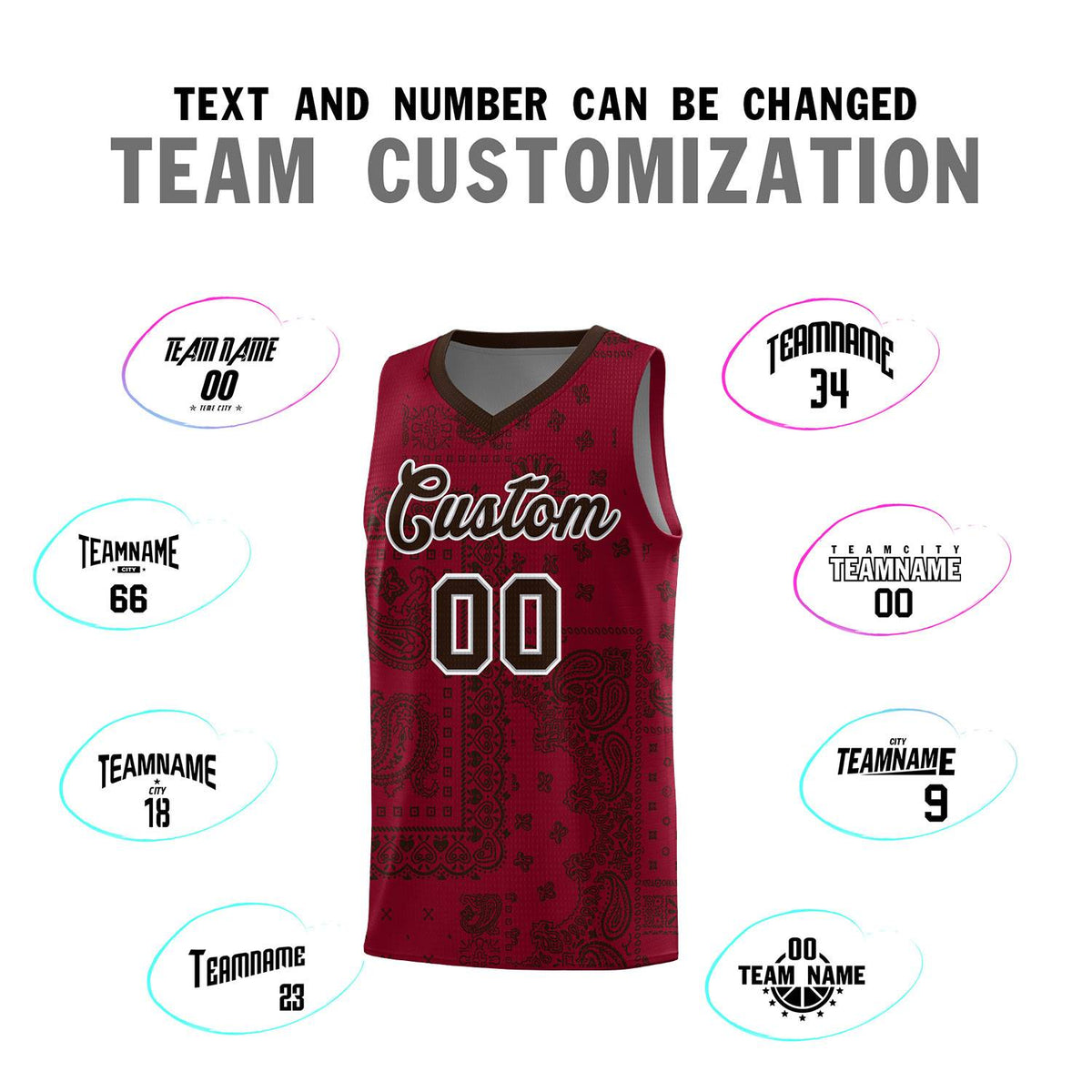 Custom Crimson Basketball Kits With Brown Cashew Flower Print Pattern
