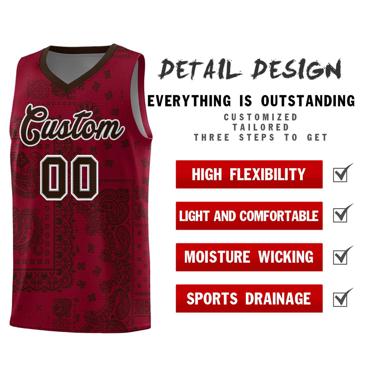 Custom Crimson Basketball Kits With Brown Cashew Flower Print Pattern