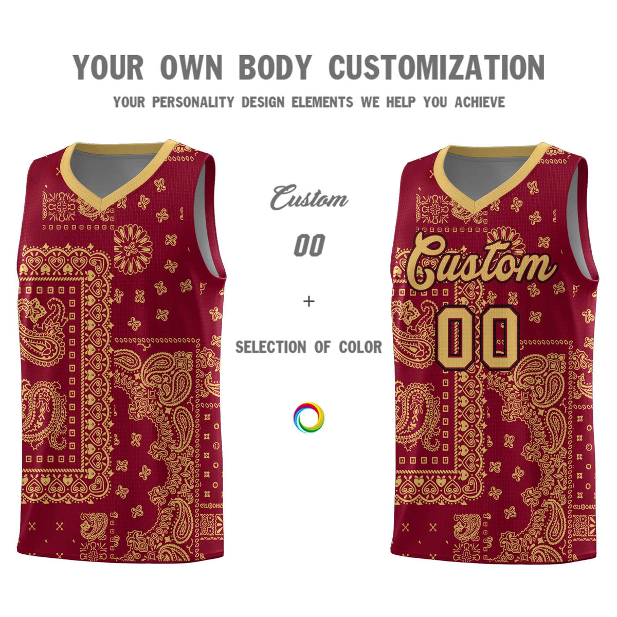 Custom Crimson Basketball Kits With Old Gold Cashew Flower Print Pattern