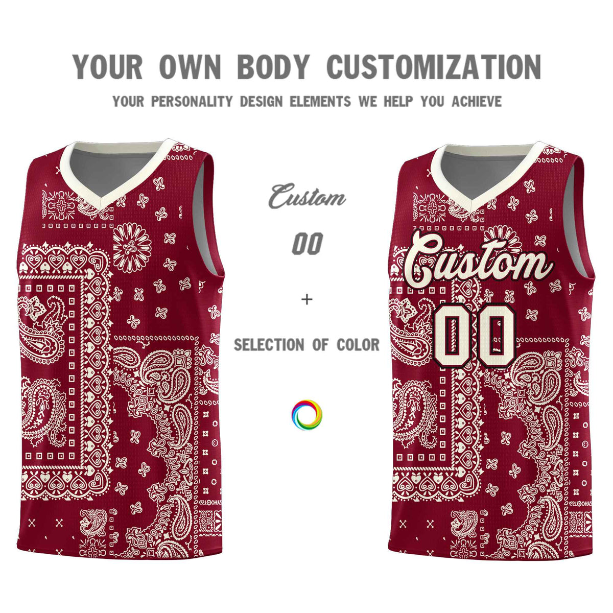 Custom Crimson Basketball Kits With Cream Cashew Flower Print Pattern