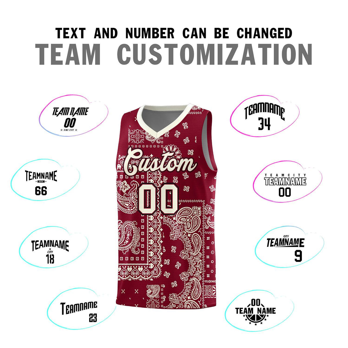 Custom Crimson Basketball Kits With Cream Cashew Flower Print Pattern