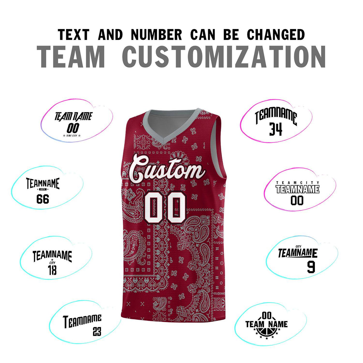 Custom Crimson Basketball Kits With Gray Cashew Flower Print Pattern