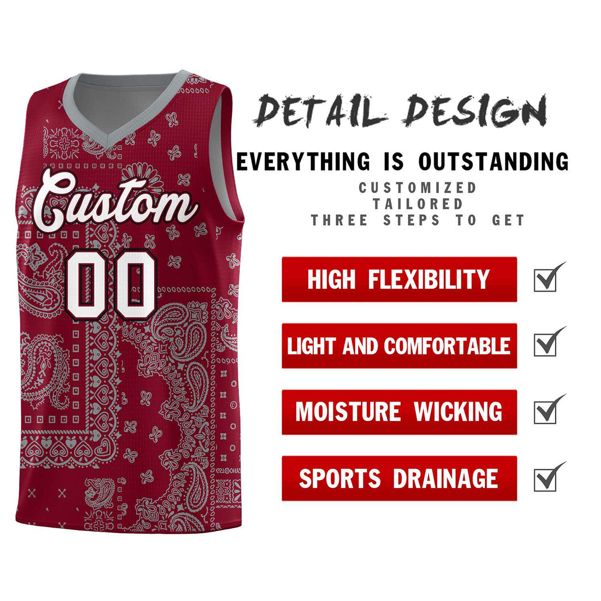 Custom Crimson Basketball Kits With Gray Cashew Flower Print Pattern