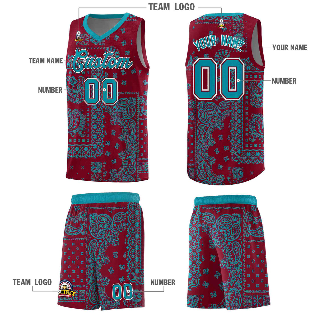 Custom Crimson Basketball Kits With Aqua Cashew Flower Print Pattern
