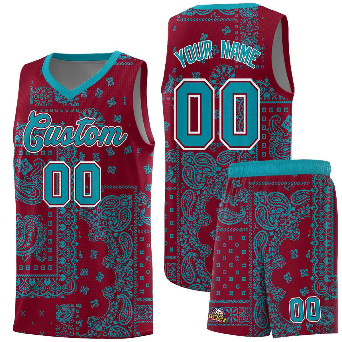 Custom Crimson Basketball Kits With Aqua Cashew Flower Print Pattern