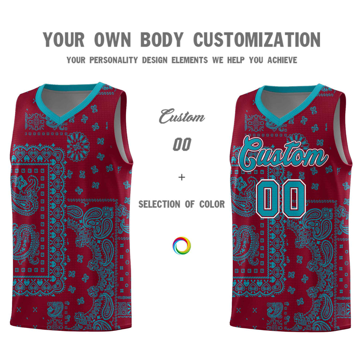 Custom Crimson Basketball Kits With Aqua Cashew Flower Print Pattern